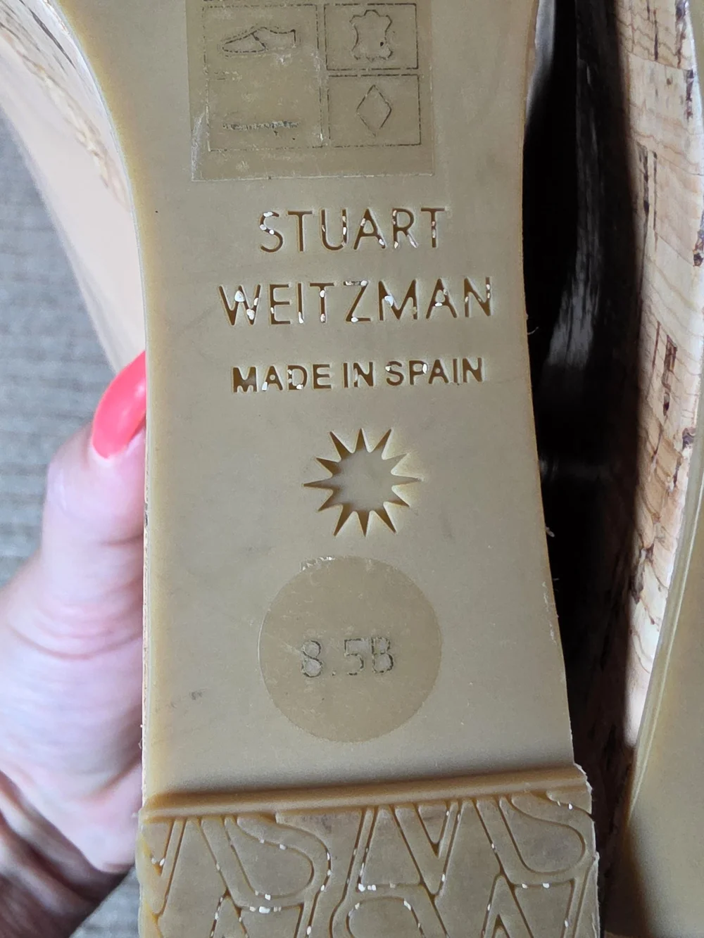 Stuart Weitzman peep toe wedge heels nude shiny cork, size 8.5, 3.5